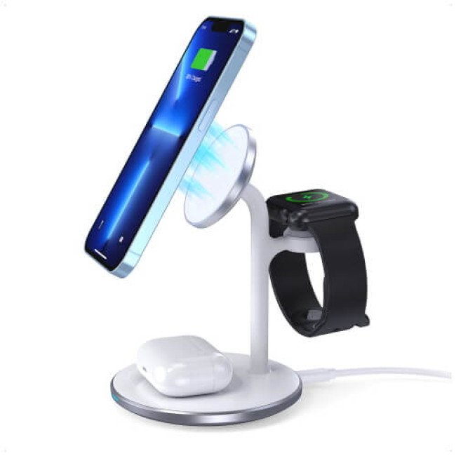 Бездротовий зарядний пристрій Choetech Magnetic 3 in 1 magnetic Wireless Charging Stand White (T585-F)